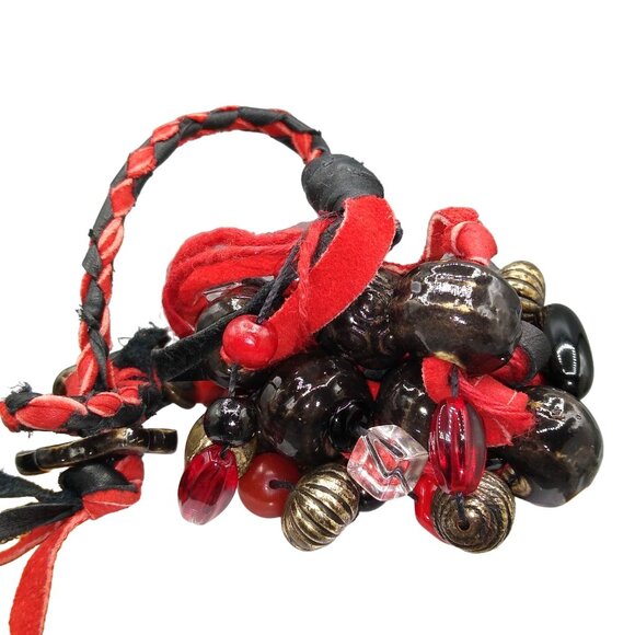 Vivid Bohemian Leather Necklace, Mixed Media Black and Red Beads on Red and Blac - Picture 3 of 4